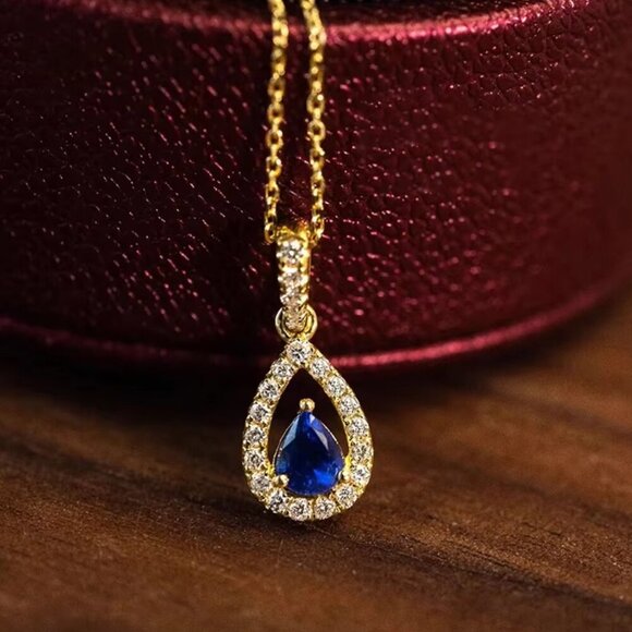 NEW 14k Yellow Gold Diamond Sapphire Necklace Pear Cut Necklace - Picture 1 of 7